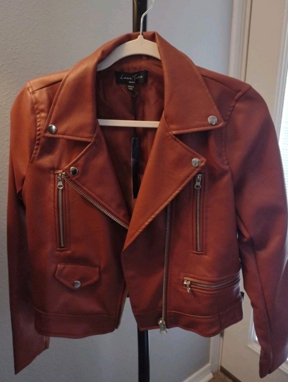 New Moto Biker Jacket Women S Cognac Orange Faux Leather Cropped Buckles Zippers